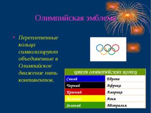 Олимпийская эмблема Переплетенные кольца символизируют объединенные в Олимпий