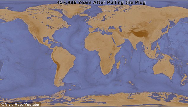 While the effects to the climate and ecosystems would undoubtedly be dramatic, it would take far longer than you might expect for the water to actually pour out. As shown above, the visible effects remain minimal even 457,986 years after 