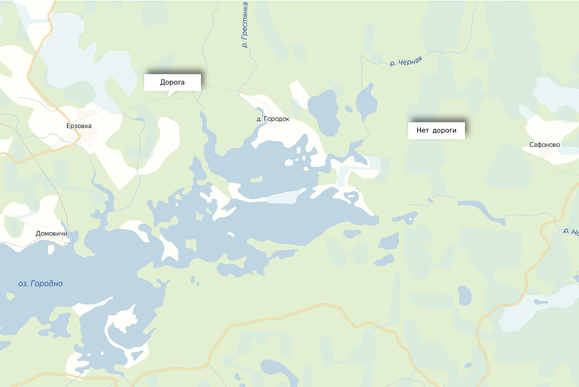 В режиме просмотра «Схема» в «Яндекс-картах» дорога прослеживается от Ерзовки до Городка. От Городка до деревни Сафоново ее нет
