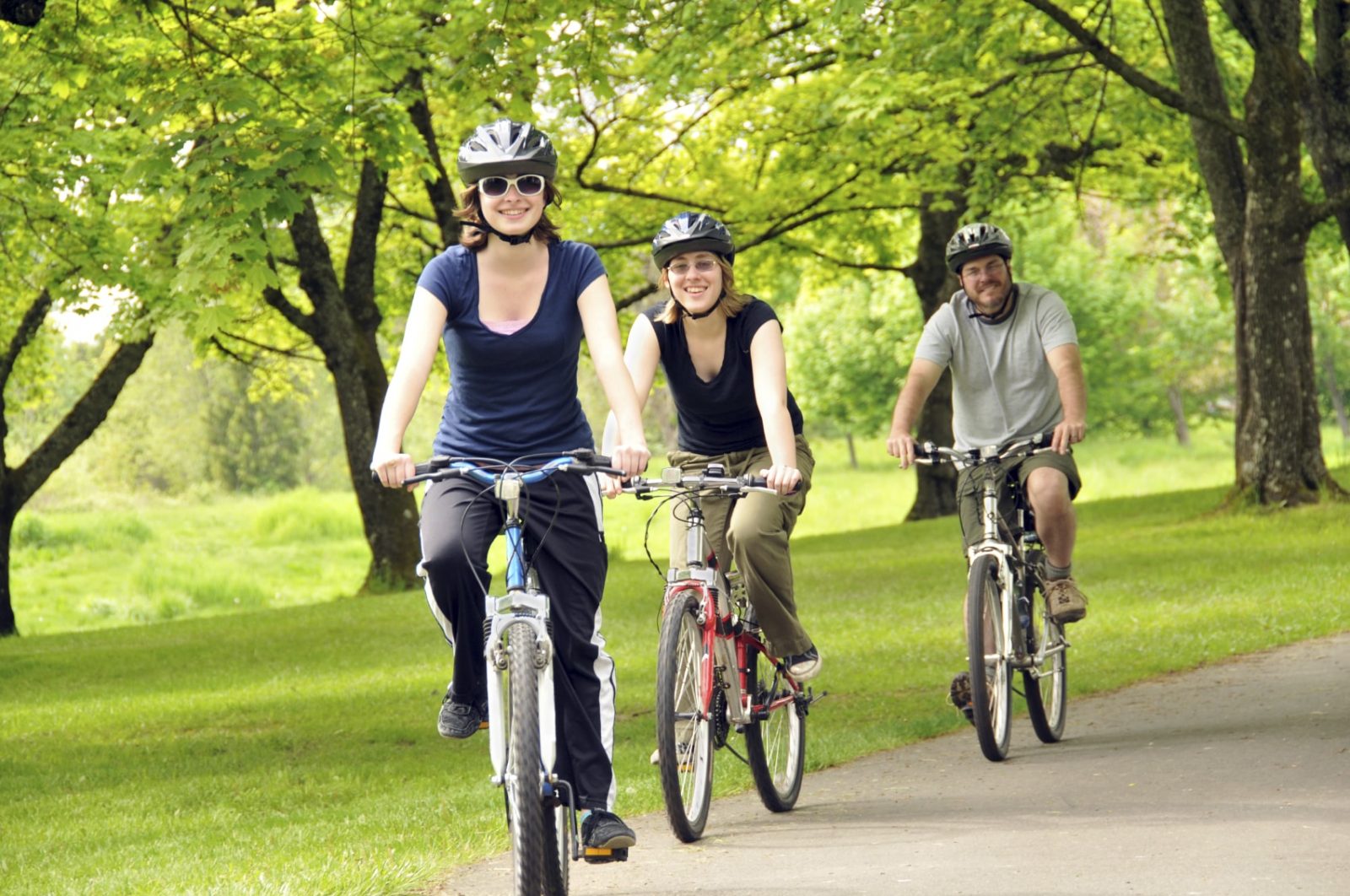 Две девушки и один парень ездят в лесополосе на велосипедах 