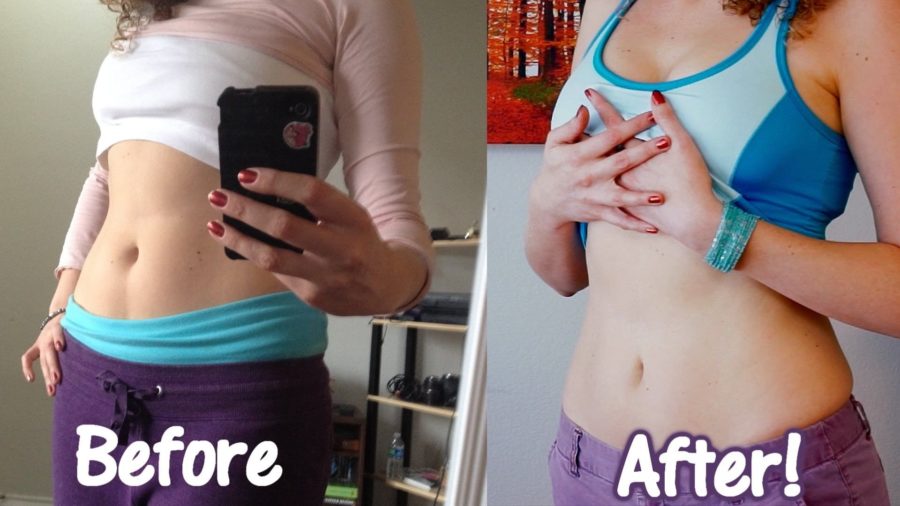 До и после диеты (девушка показывает живот)